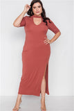 Plus Size Rust Site Slit Mock Neck Maxi Dress