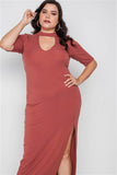 Plus Size Rust Site Slit Mock Neck Maxi Dress- Close Up