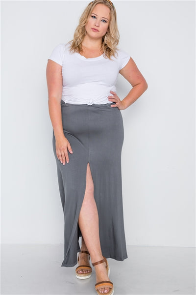 Plus Size Charcoal Basic Front Slit Maxi Skirt- Full Front