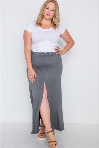 Plus Size Charcoal Basic Front Slit Maxi Skirt- Full Front