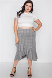 Plus Size Plaid Grey High-Waist Midi Skirt- Full Front