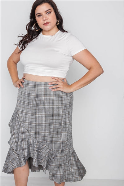 Plus Size Plaid Grey High-Waist Midi Skirt