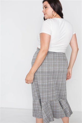 Plus Size Plaid Grey High-Waist Midi Skirt- Full Back