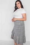 Plus Size Plaid Grey High-Waist Midi Skirt- Full Side