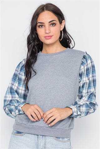 Gray Knit Plaid Contrast Sleeves Combo Top