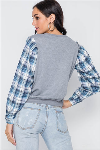 Grey Knit Plaid Contrast Sleeves Combo Top- Back