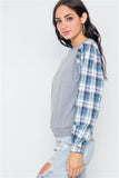 Grey Knit Plaid Contrast Sleeves Combo Top- Side