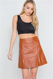 Camel High-Waist Vegan Faux Leather A-line Mini Skirt