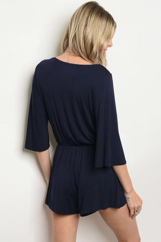 Navy Blue Boho Surplice Romper- Back View