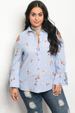 Plus size cold shoulder blue pin striped floral poplin top