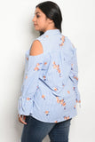 Plus size cold shoulder blue pin striped floral poplin top- Back