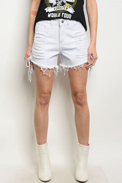 White Side Lace Up Denim Distressed Jean Shorts- Close Up