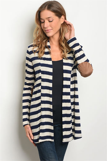 Navy and Cream Open Front Striped Cardigan