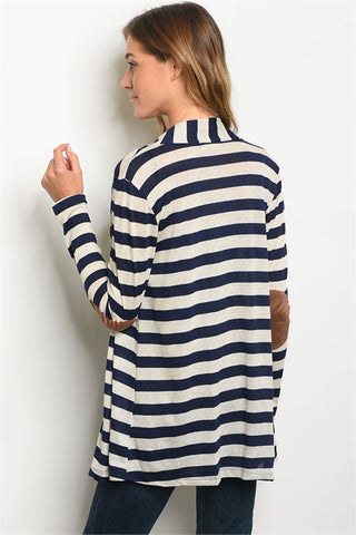 Navy and Cream Open Front Striped Cardigan- Back View
