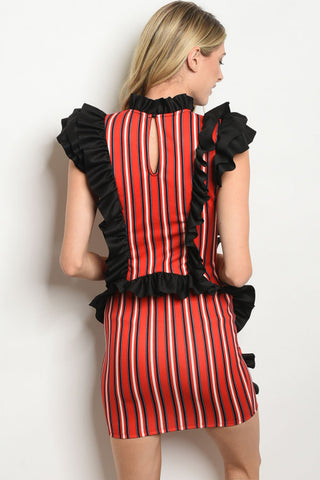 Red and Black Stripes Ruffle Bodycon Dress- Back View