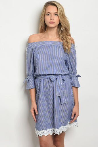 Blue Striped Embroidered Hem Dress