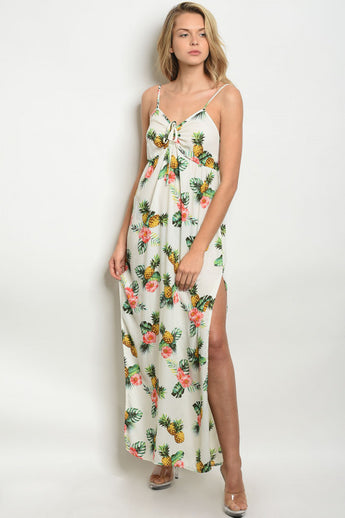 White Pineapple Print Maxi Dress