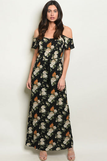 Black Floral Cold Shoulder Maxi Dress