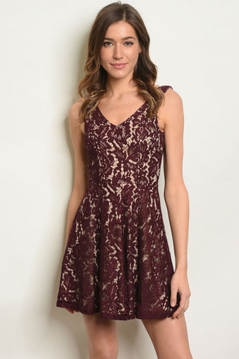 Wine and Nude Flared Lace Mini Dress