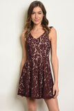 Wine and Nude Flared Lace Mini Dress