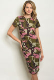 Pink and Green Camouflage Midi Bodycon Dress