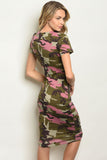 Pink and Green Camouflage Midi Bodycon Dress-Back View