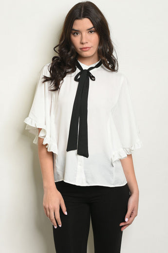White Ruffle Tie Neck Blouse