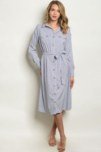 Blue and White Pin Striped Midi Dress