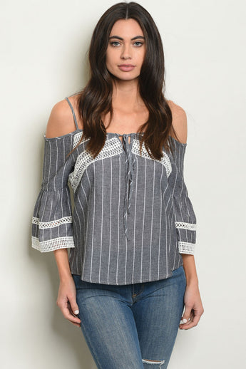 Black Striped Cold Shoulder Top