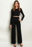 Black Crop Top & Wide Leg Pants Outfit Set- Full Front