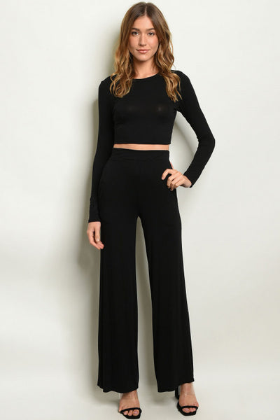 Black Zipped Collared Crop Top and Wide Leg Pants Set – KesleyBoutique