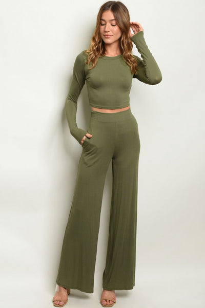Olive Crop Top & Wide Leg Pants Outfit Set- Full Front