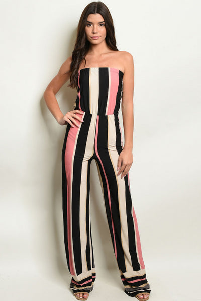 Pink and Black Striped Tube Jumpsuit- Full Front