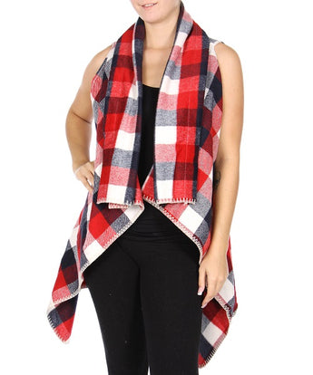 Red and Navy Blue Plaid Shawl Flyaway Vest