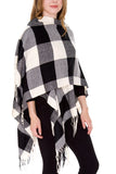 Black and Off White Boho Buffalo Plaid Ruana Poncho- Wrapped