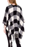 Black and Off White Boho Buffalo Plaid Ruana Poncho- Back