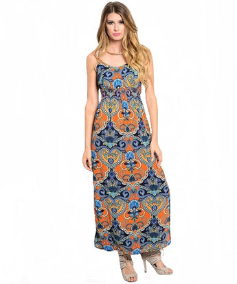 Orange & Blue Paisley Boho Maxi Dress