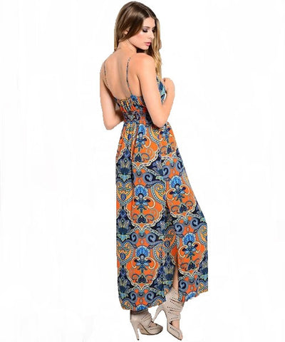 Orange & Royal Paisley Boho Maxi Sundress- Back View