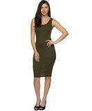 Olive Green Ribbed Midi Tank Dress- Full View