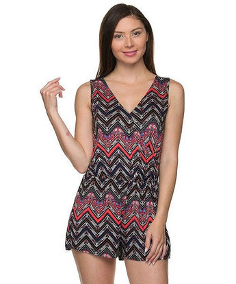 Black and Coral Chevron Print V-Neck Romper