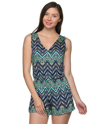 Blue and Green Chevron Print V-Neck Romper