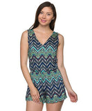 Blue and Green Chevron Print V-Neck Romper