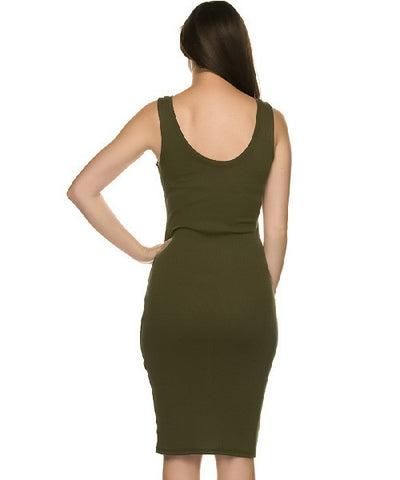 Olive Green Ribbed Midi Tank Dress- Back View