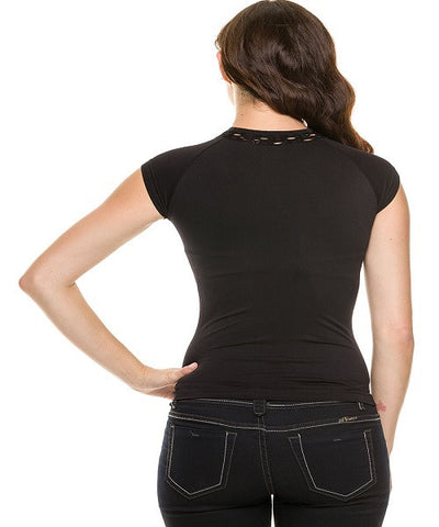 Black Seamless Mock Neck Fishnet Top- Back View