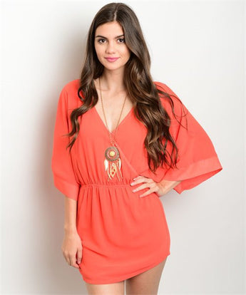 Tomato Red Orange Dolman Sleeve Mini Dress- Front View