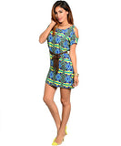 Green Cold Shoulder Diamond Print Ethnic Shift Dress