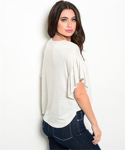 Oatmeal Flutter Sleeve High Low Top- Back View