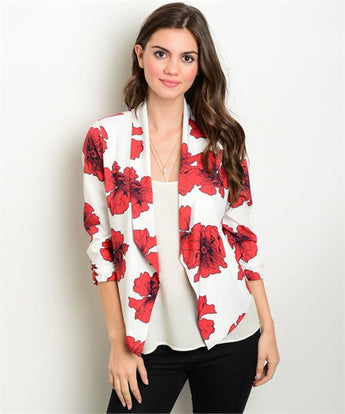 White with Red Roses Multicolor Floral Blazer