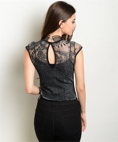 Charcoal See-Through Lace Bodysuit with Back Keyhole