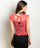 Coral See- Through Lace Bodysuit with Back Keyhole